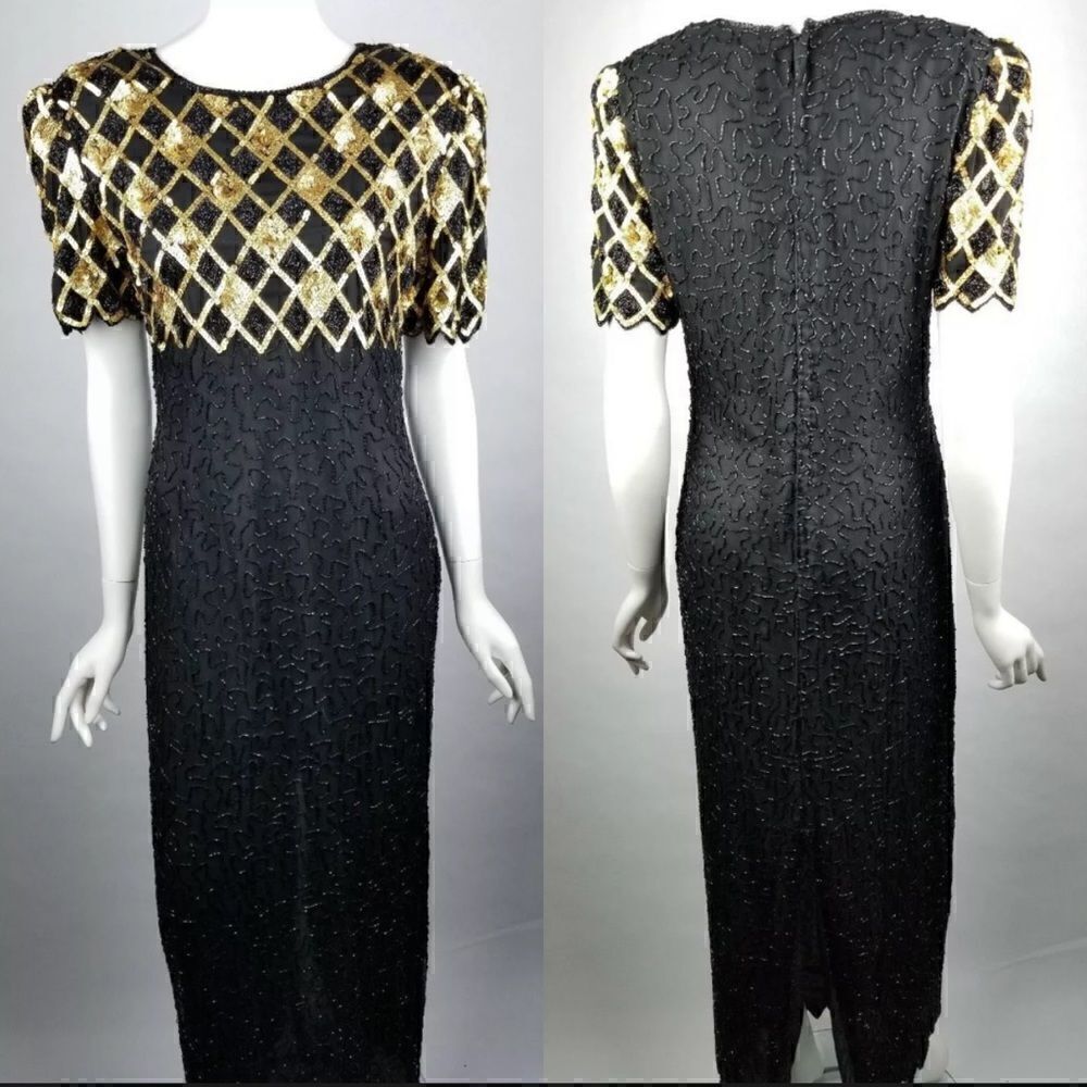 Vintage Laurence Kazar Size Medium Black & Gold Silk Sequin Full Length Dress